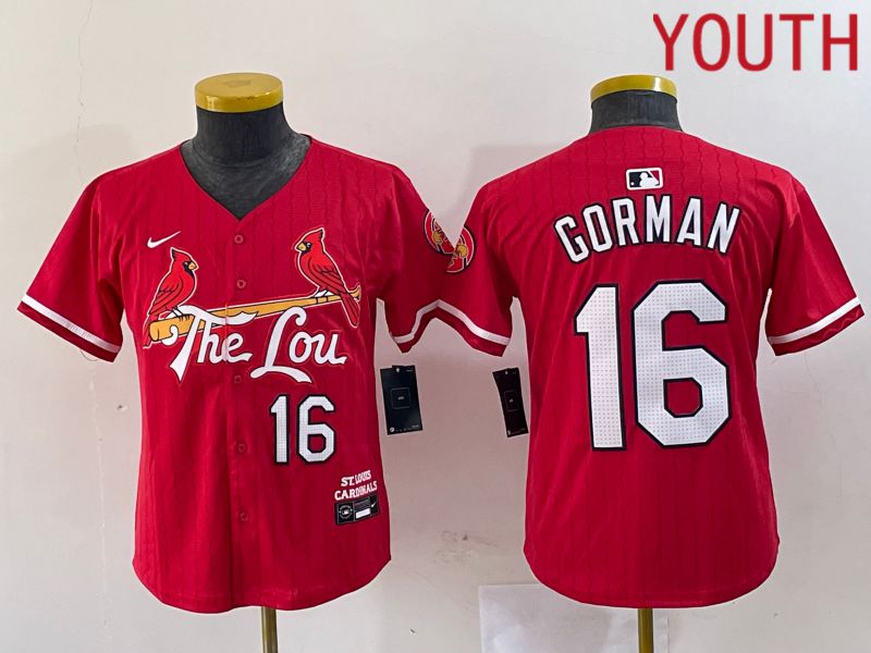 Youth St.Louis Cardinals #16 Gorman Red City Edition 2024 Nike MLB Jersey style 1->st.louis cardinals->MLB Jersey